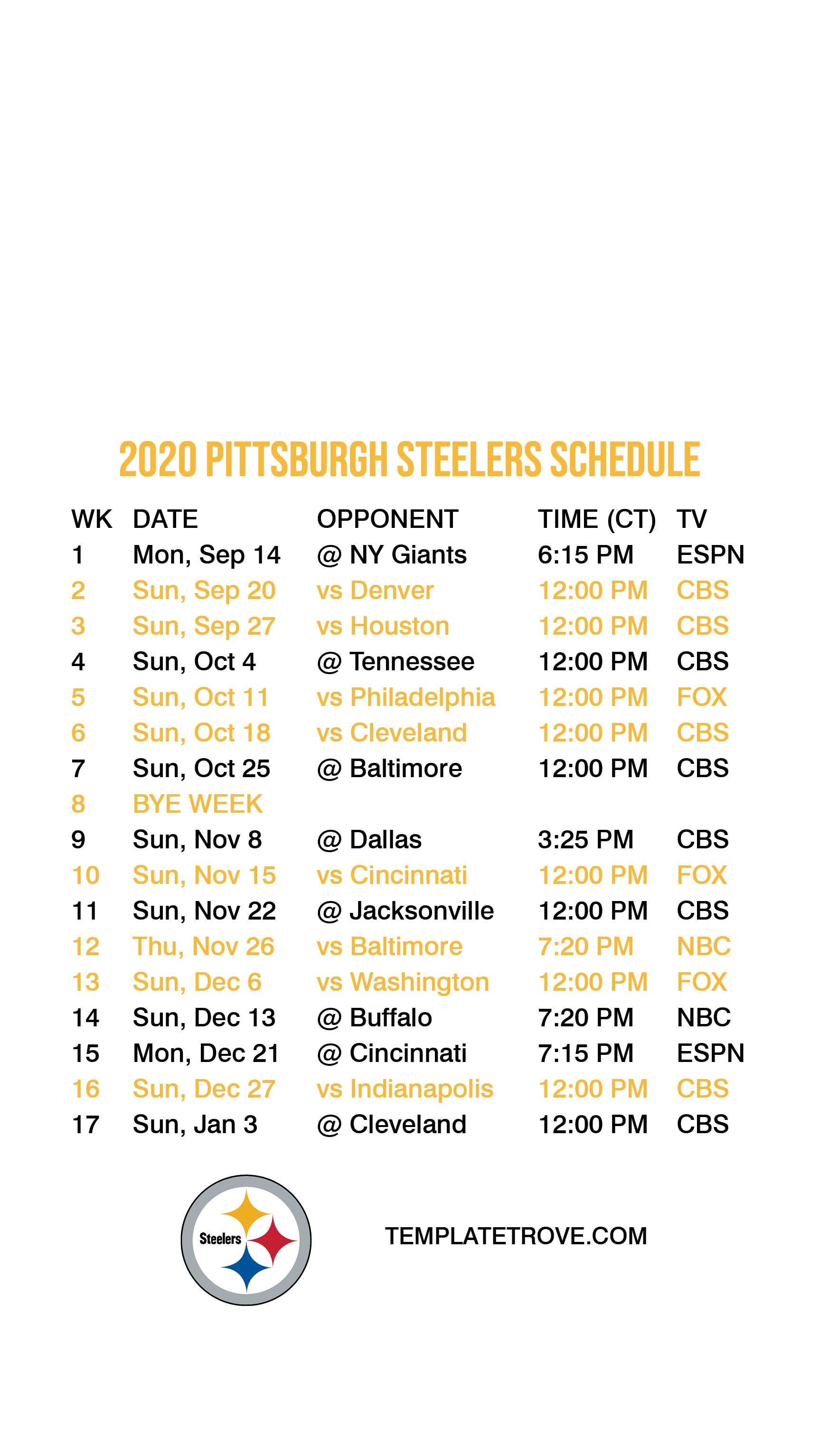 Pittsburgh Steelers 2020 Football Schedule