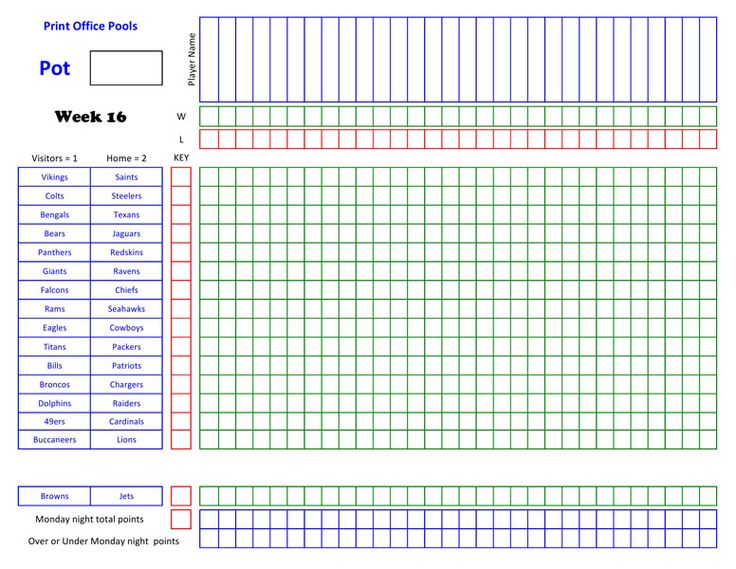 2020 NFL Football Pool Master Sheet Week 16 Football