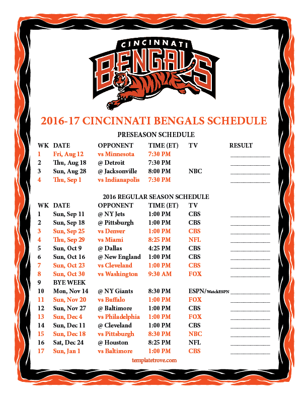 Printable 2016 2017 Cincinnati Bengals Schedule