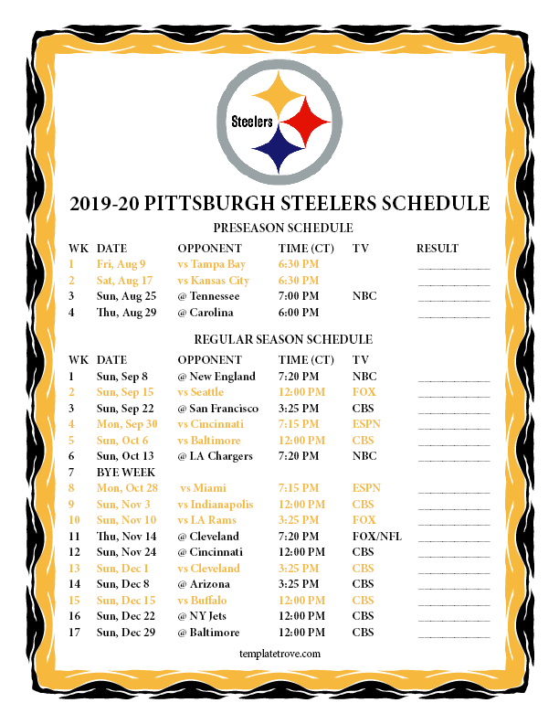 Printable 2019 2020 Pittsburgh Steelers Schedule