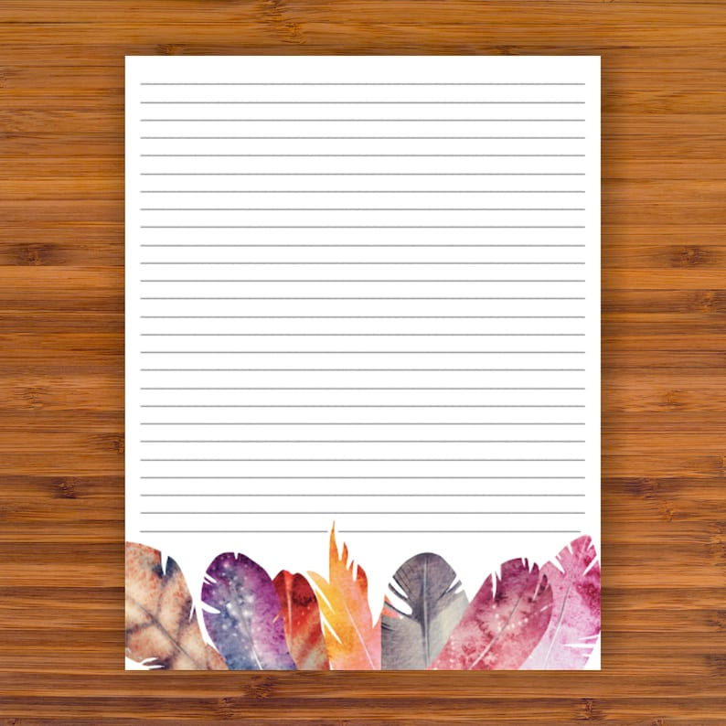 Printable Lined Writing Paper Colorful Feathers A4 8 5x11