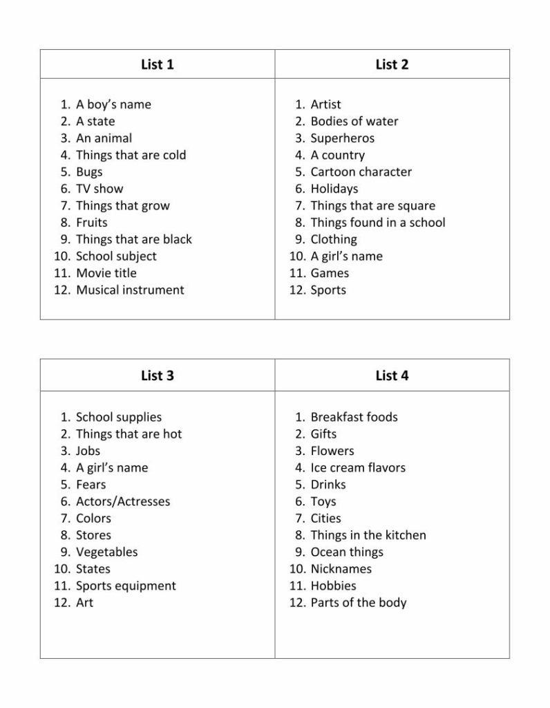 Printable Scattergories Sheets | FreePrintableTM.com