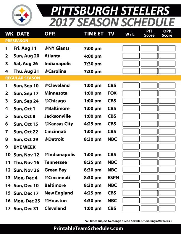 2017 Pittsburgh Steelers Printable Schedule W Preseason 