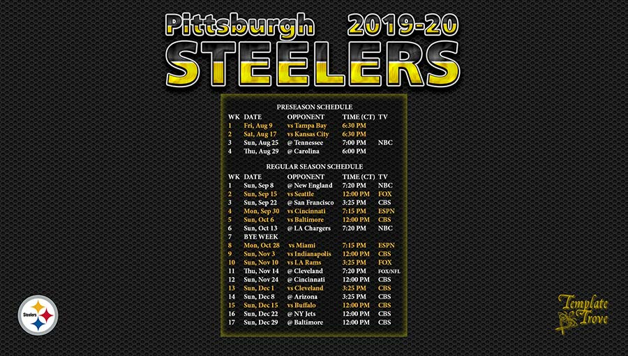 Pittsburgh Steelers Regular Season Football Schedule