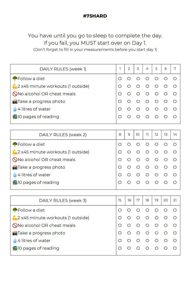 75 Hard Challenge Daily Rules Tracker Printable Instant Etsy