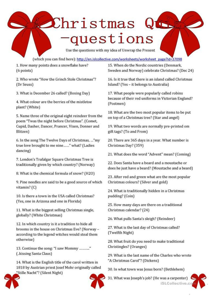 A Christmas Quiz Questions Worksheet Free Esl Printable 