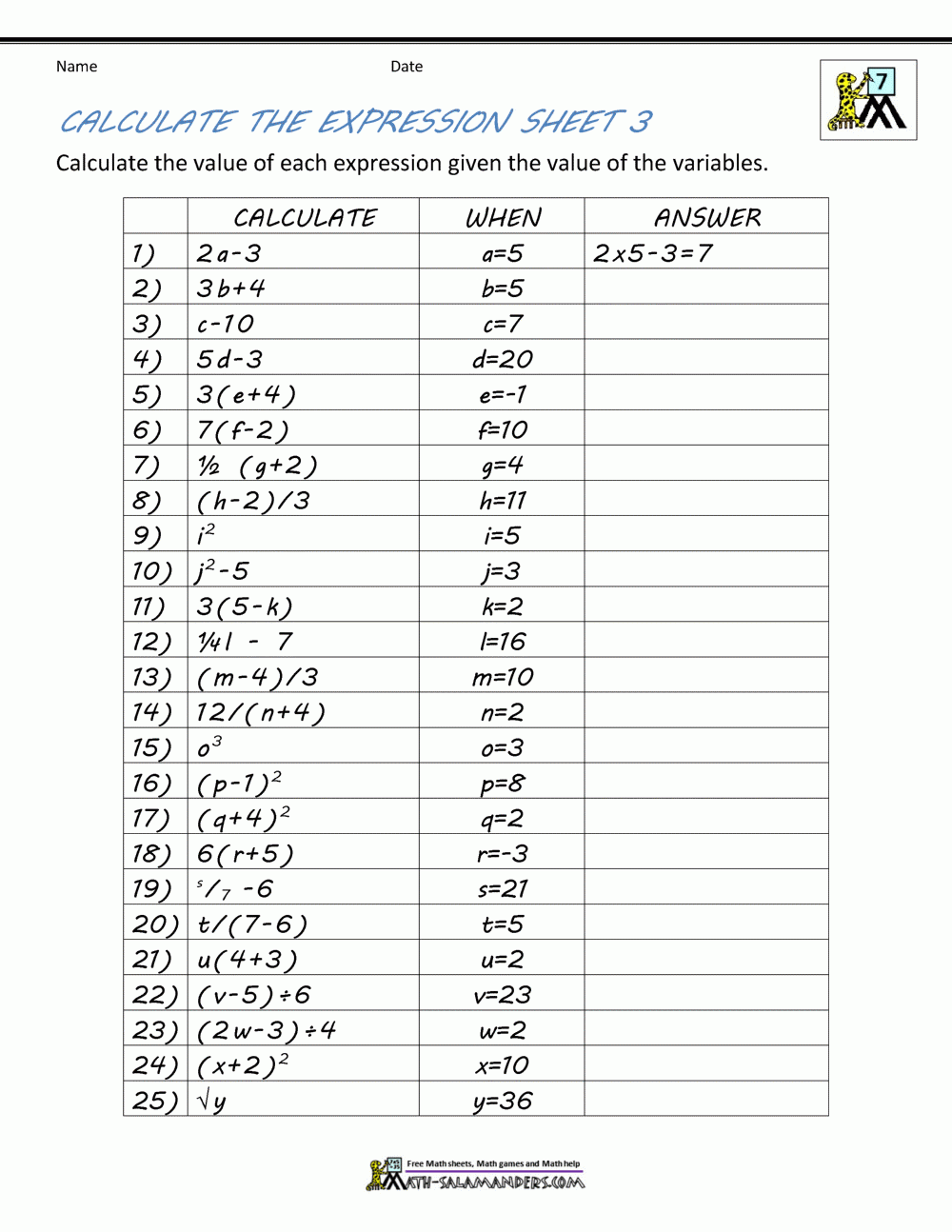 Basic Algebra Worksheets