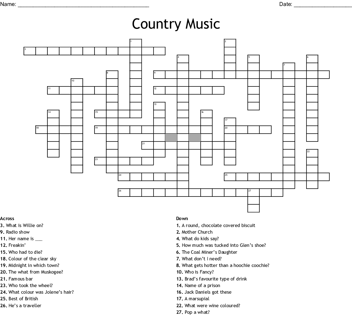 Country Music Crosswords Word Searches Bingo Cards 