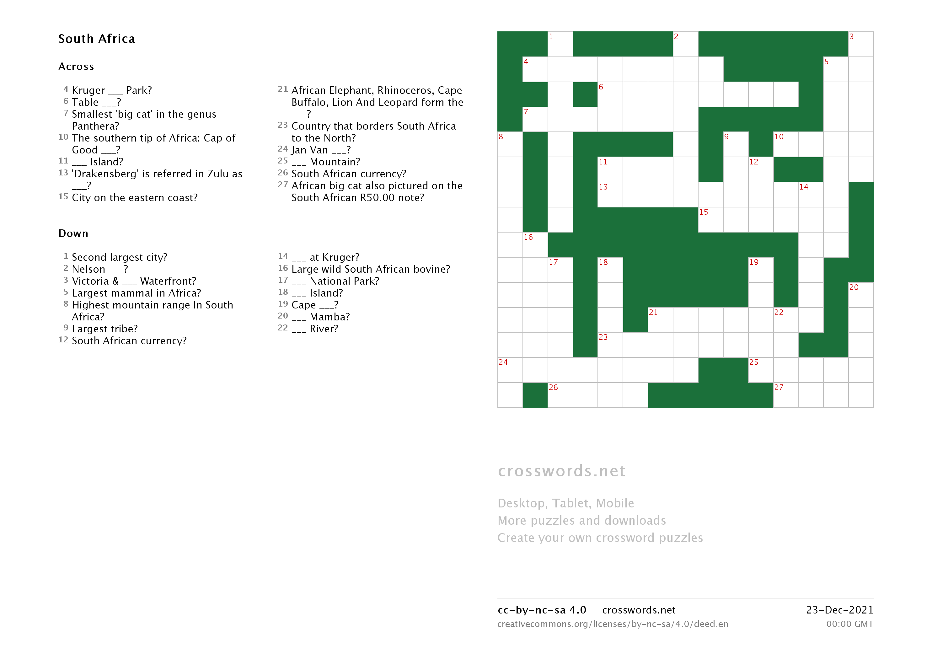 Crossword Puzzle South Africa Crosswords