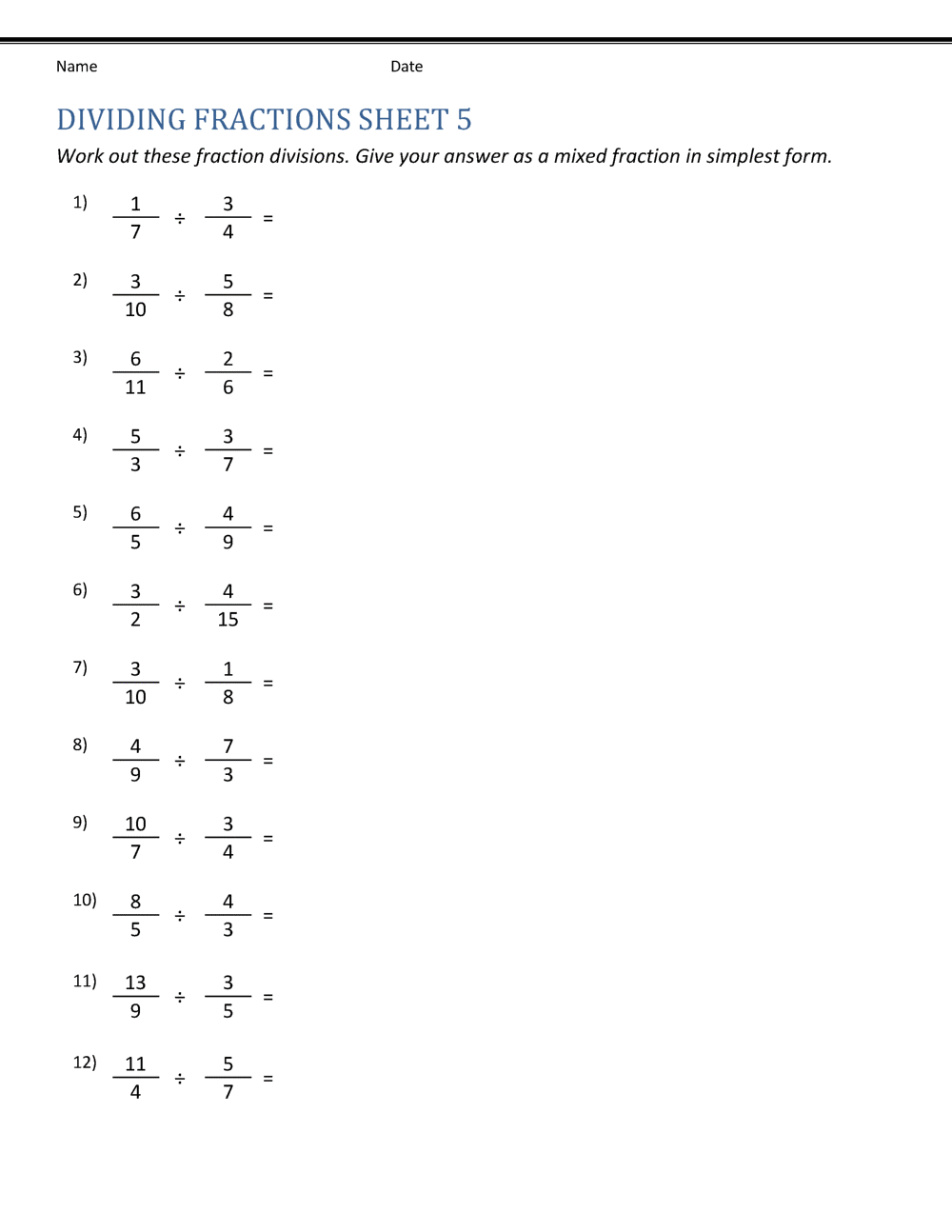 Division Using Fraction Worksheet School