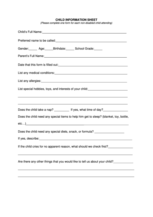 Fillable Child Information Sheet Printable Pdf Download