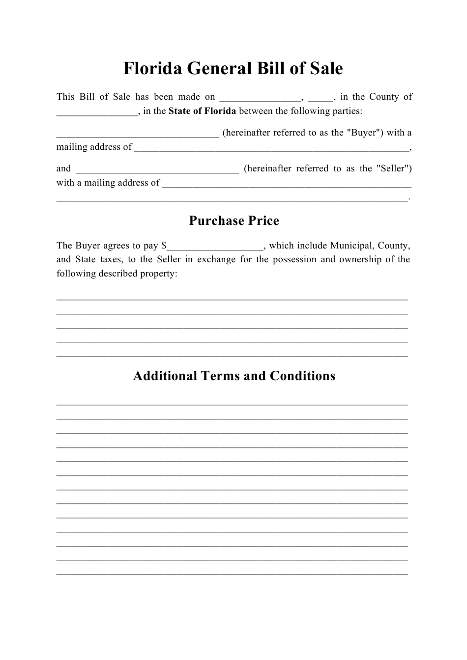 Florida Generic Bill Of Sale Download Printable PDF 