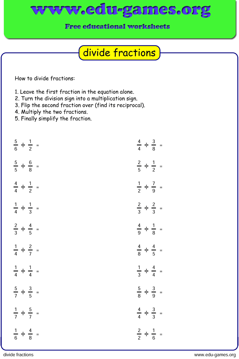 Free Dividing Fraction Worksheet Printable Pdf Worksheets