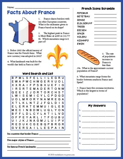 Free Printable Facts About France Geography Worksheet 