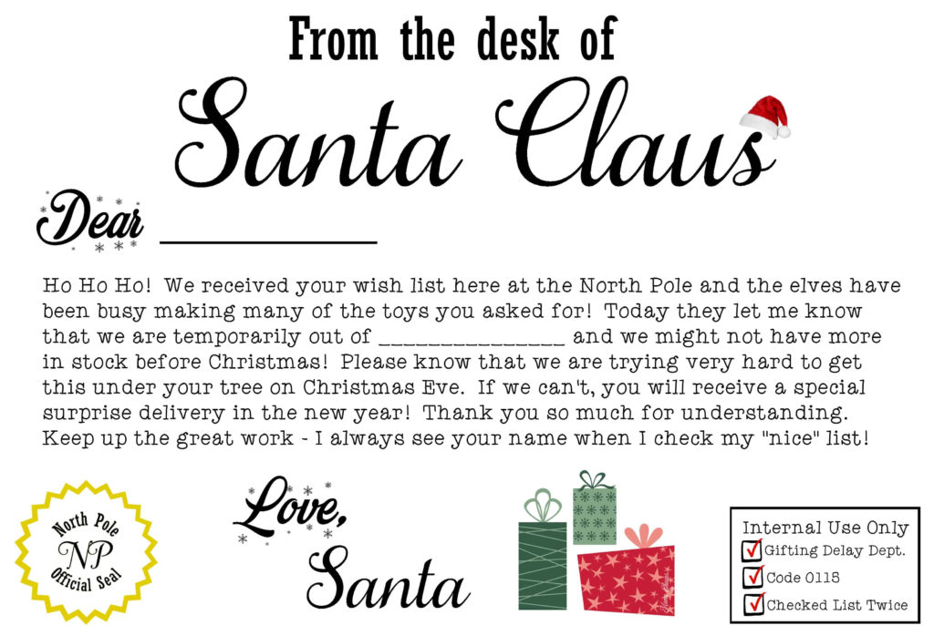 FREE Santa Claus Christmas Present IOU Printable Letter 