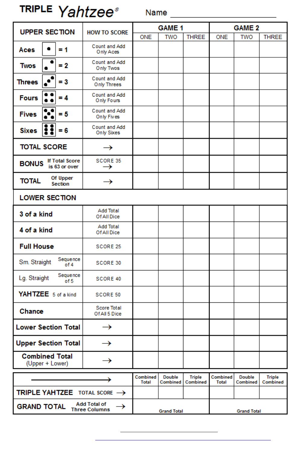 Free Triple Yahtzee Scoresheet PDF 48KB 1 Page s