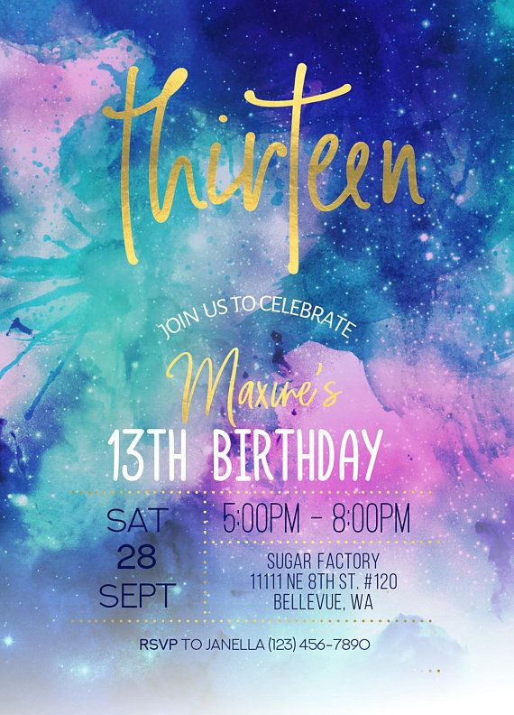 Galaxy Watercolor Gold Birthday Invitation 13th Birthday 