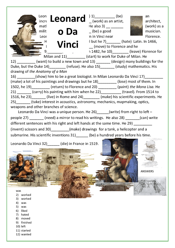 Grammar Worksheet Leonardo Da Vinci