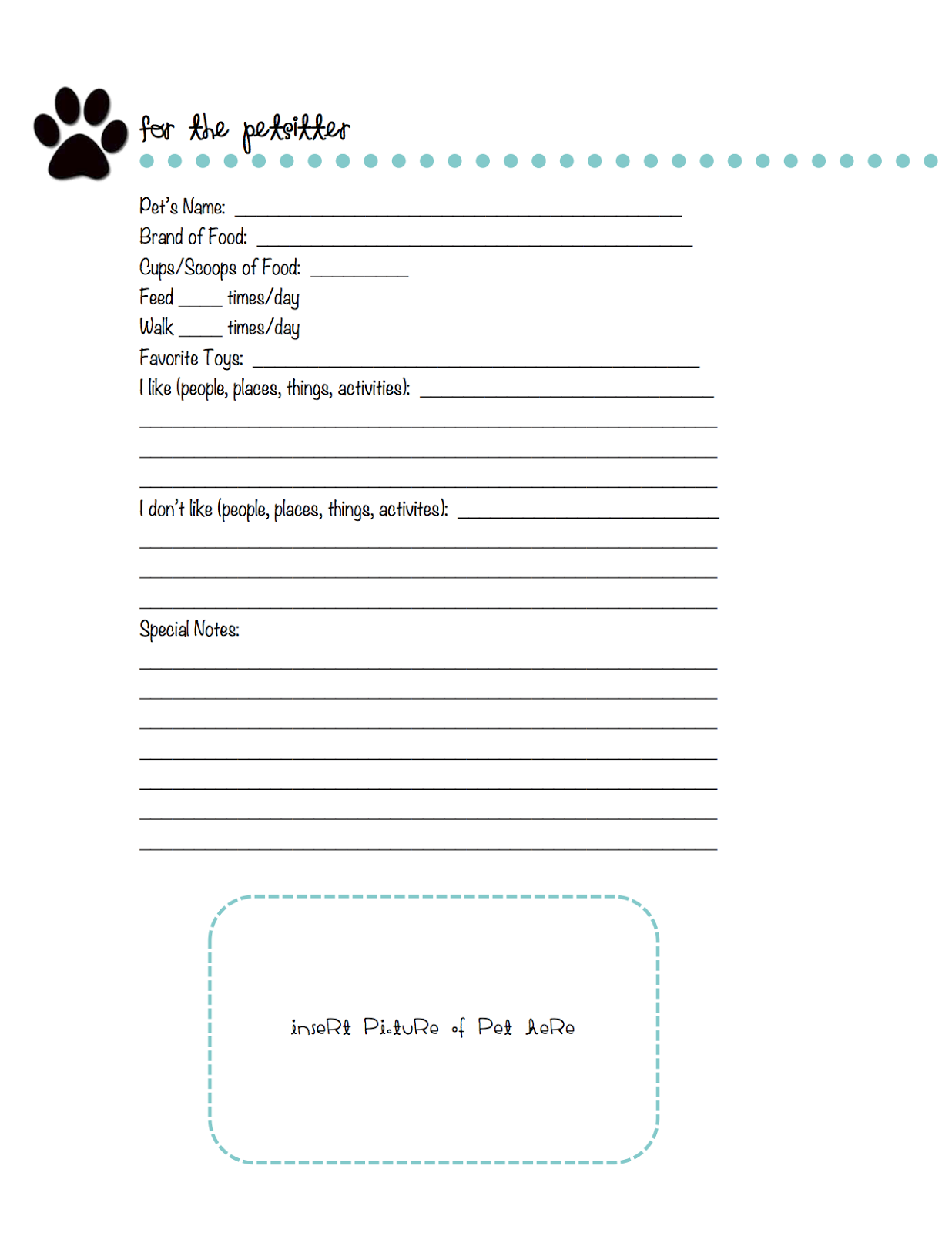 In Progress Free Printable Pet Sitting