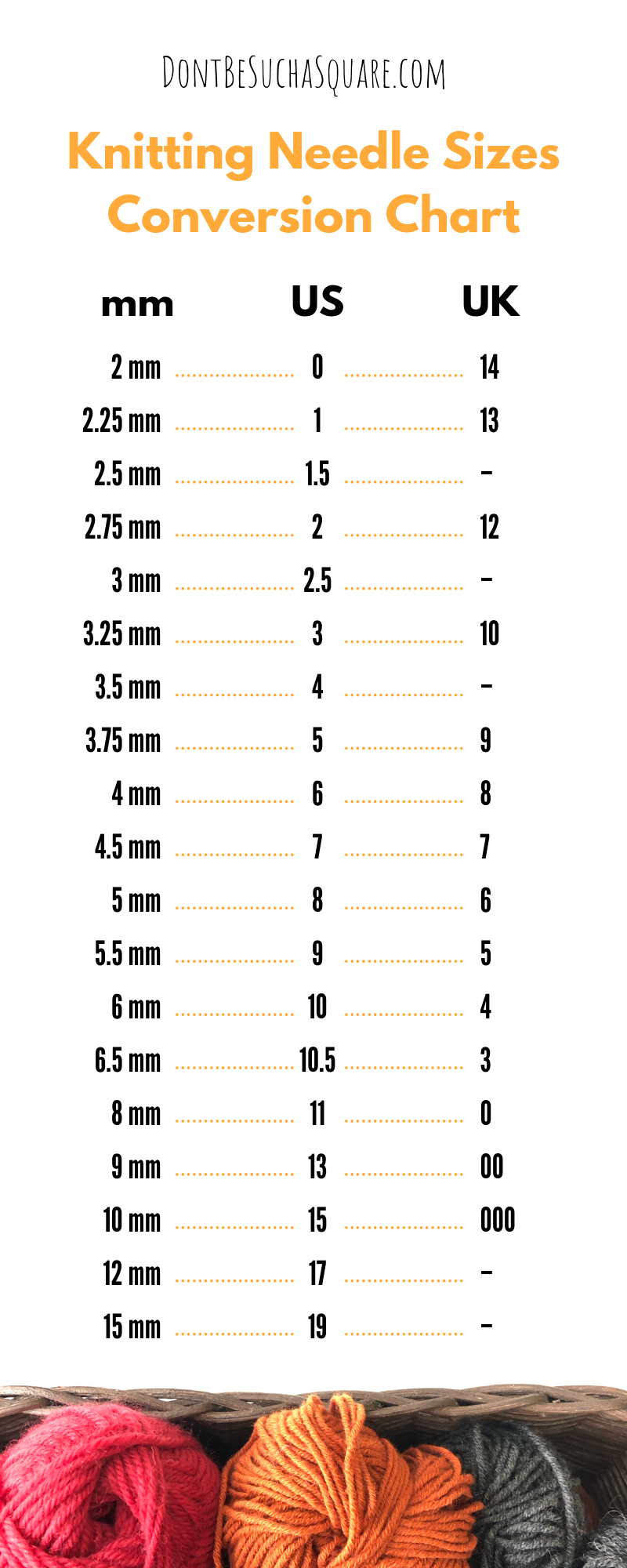 Knitting Needle Size Chart Printable