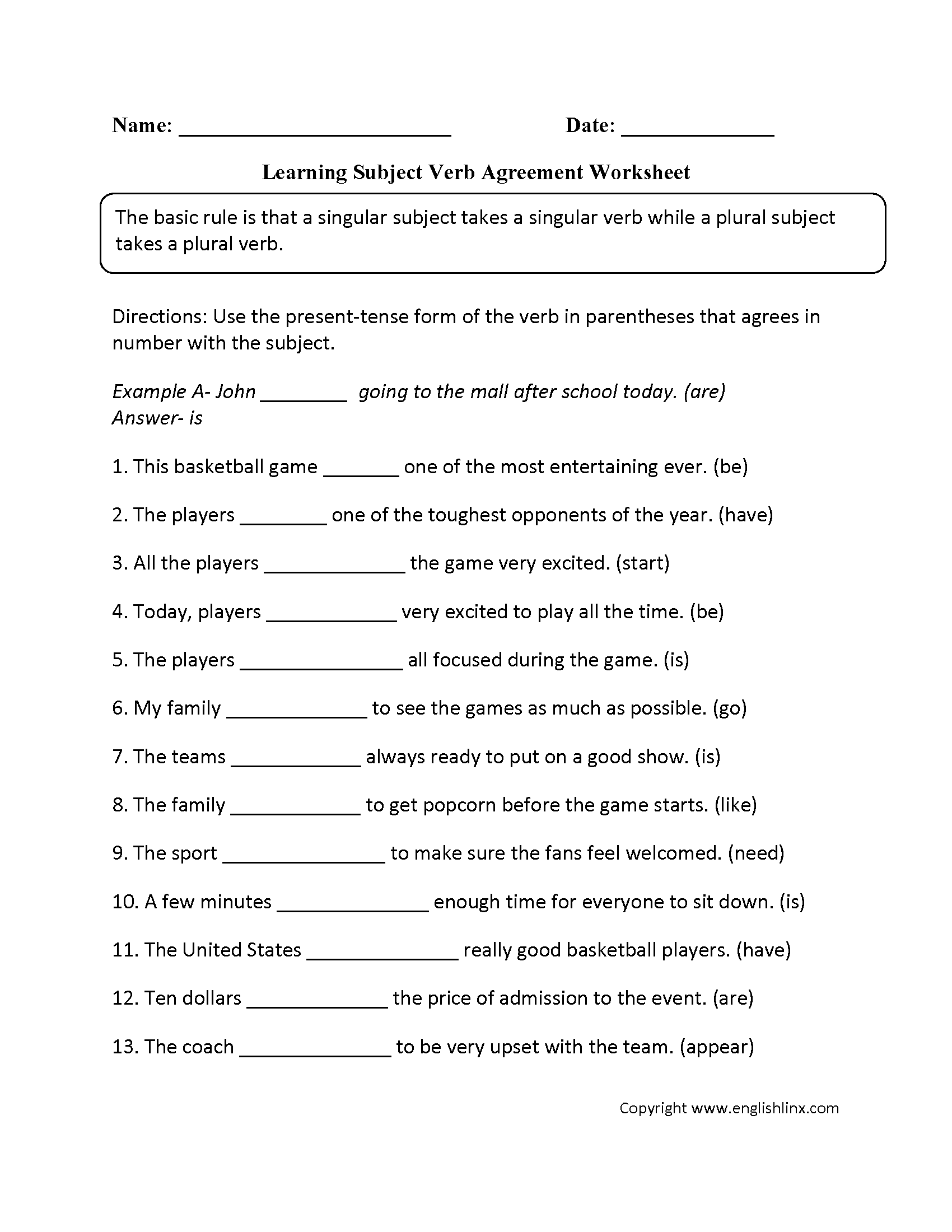 Learning Subject Verb Agreement Worksheet Verb