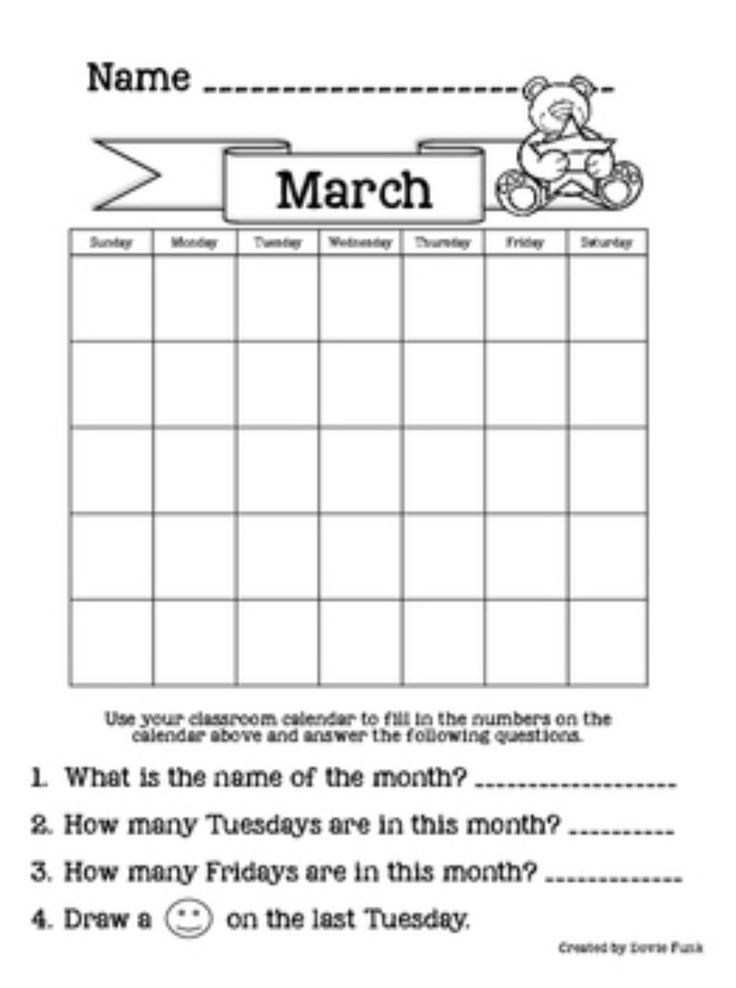 Monthly Calendars To Fill in And Answer A Few Questions 