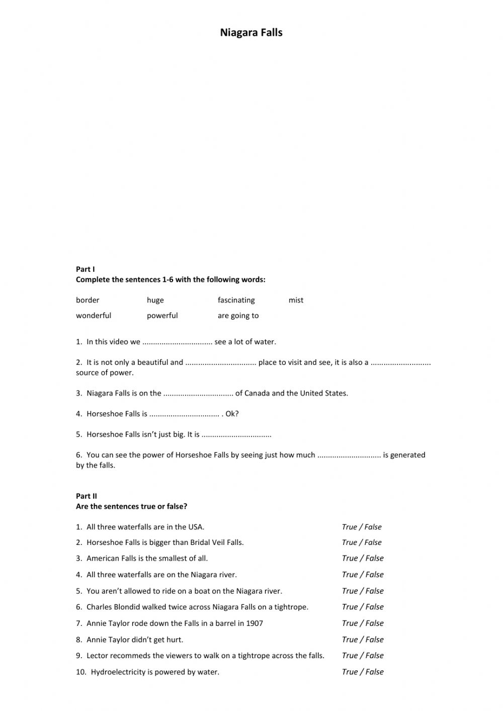 Niagara Falls For Kids Worksheet