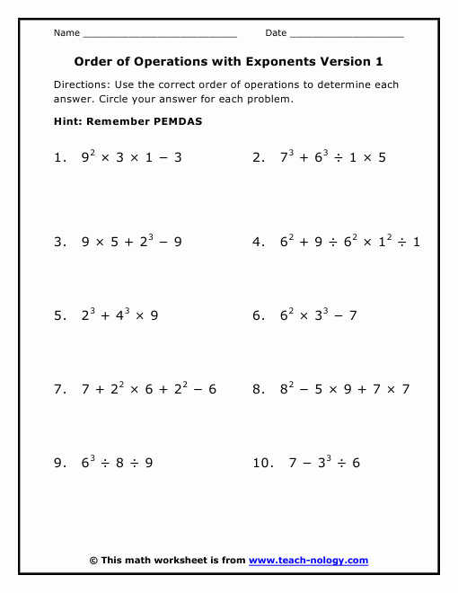 Order Of Operations With Exponents