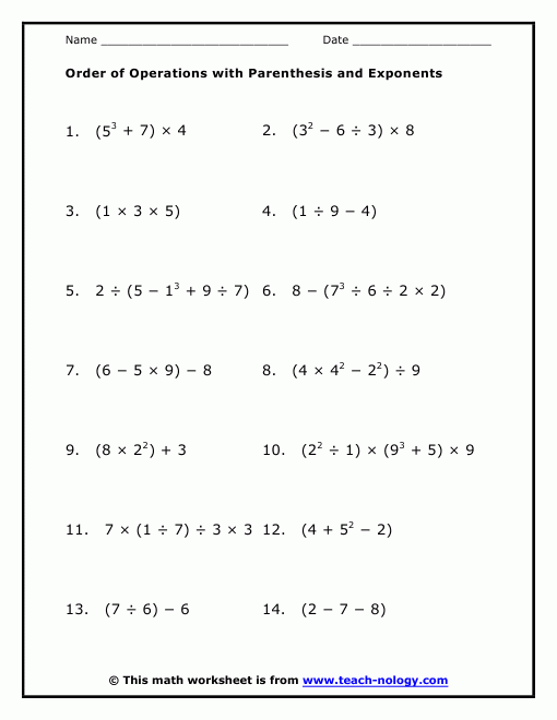 Order Of Operations With Parenthesis And Exponents 