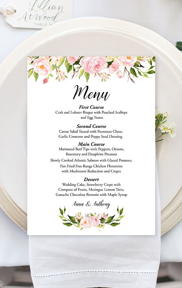 Peony Floral Wedding Menu Template Watercolor Floral 