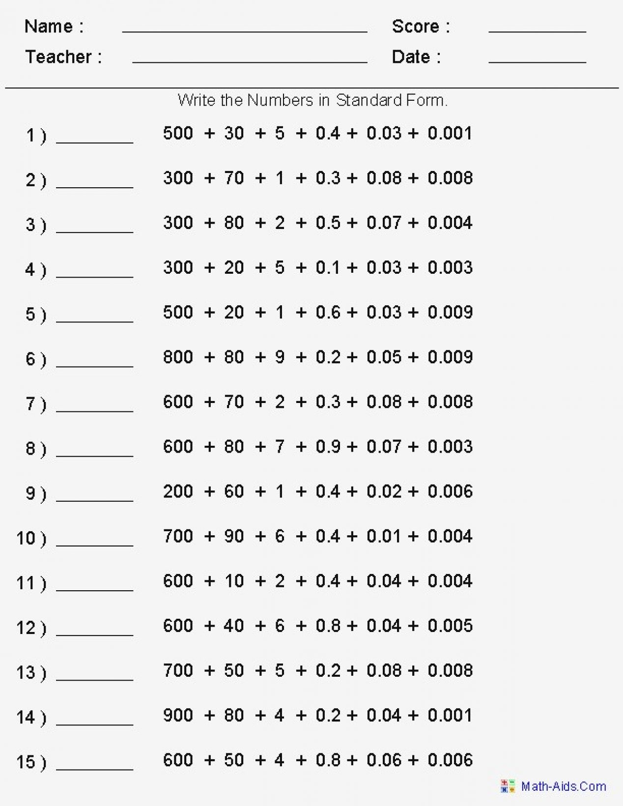 Place Value Worksheets 5th Grade For Educations Place 