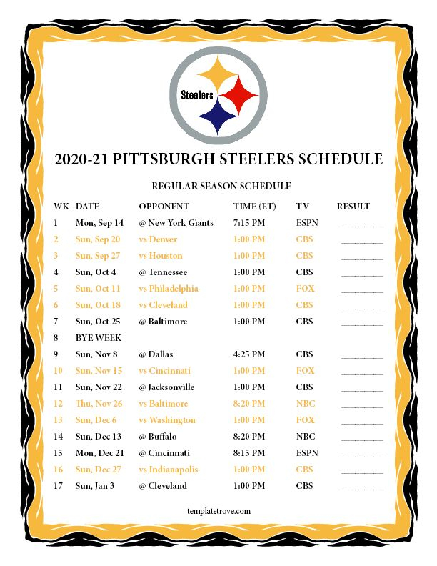 Printable 2020 2021 Pittsburgh Steelers Schedule Inside 