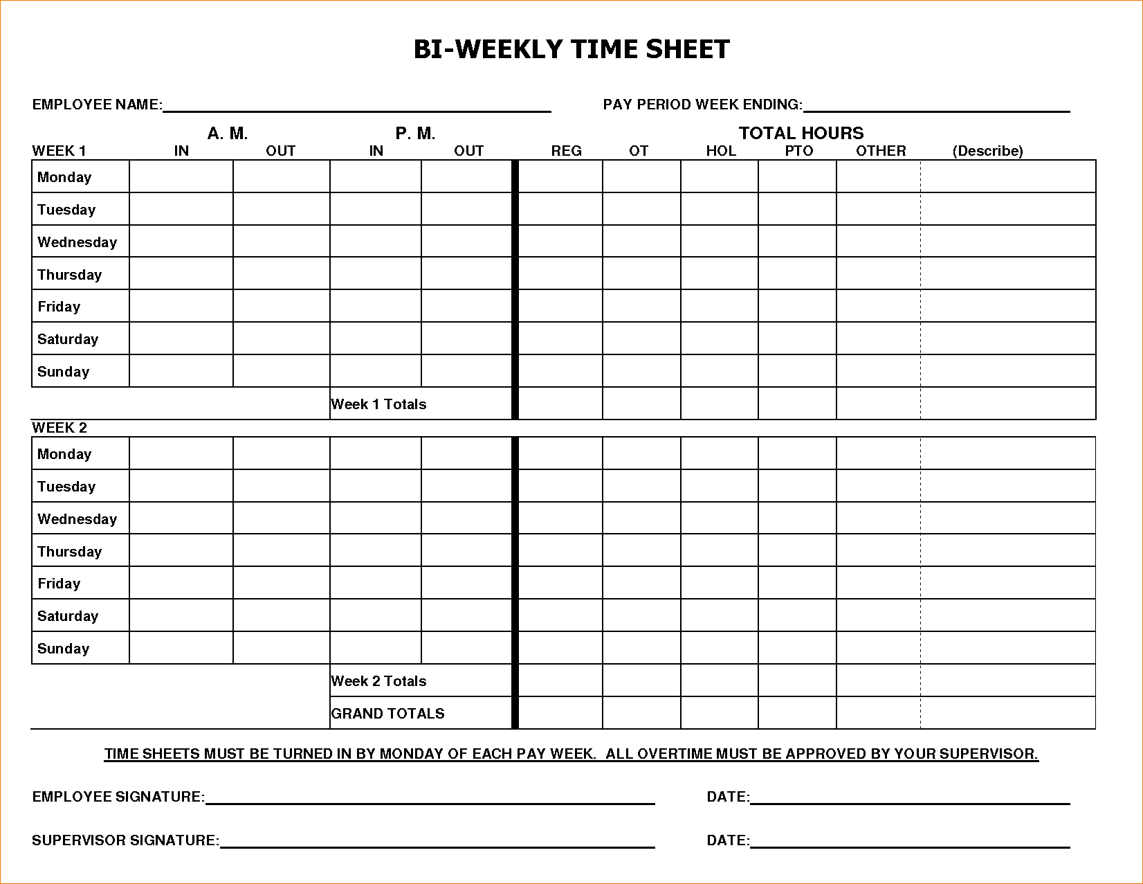 Printable Bi Weekly Timesheet Template Business PSD 