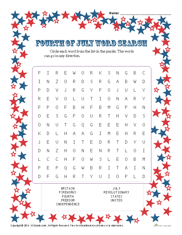 Printable Fourth Of July Word Search Activity