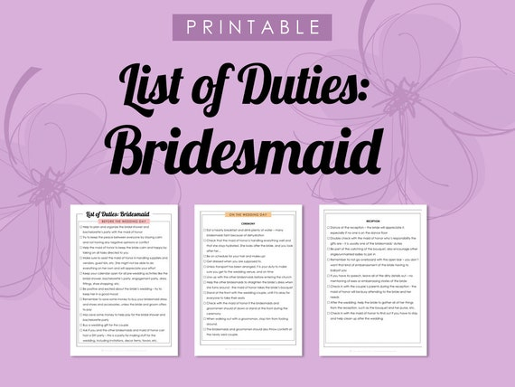 Printable List Of Duties Bridesmaid Wedding Planner To Do