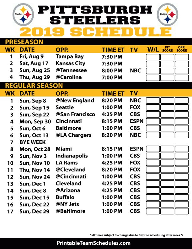 Printable Pittsburgh Steelers 2019 Schedule Pittsburgh