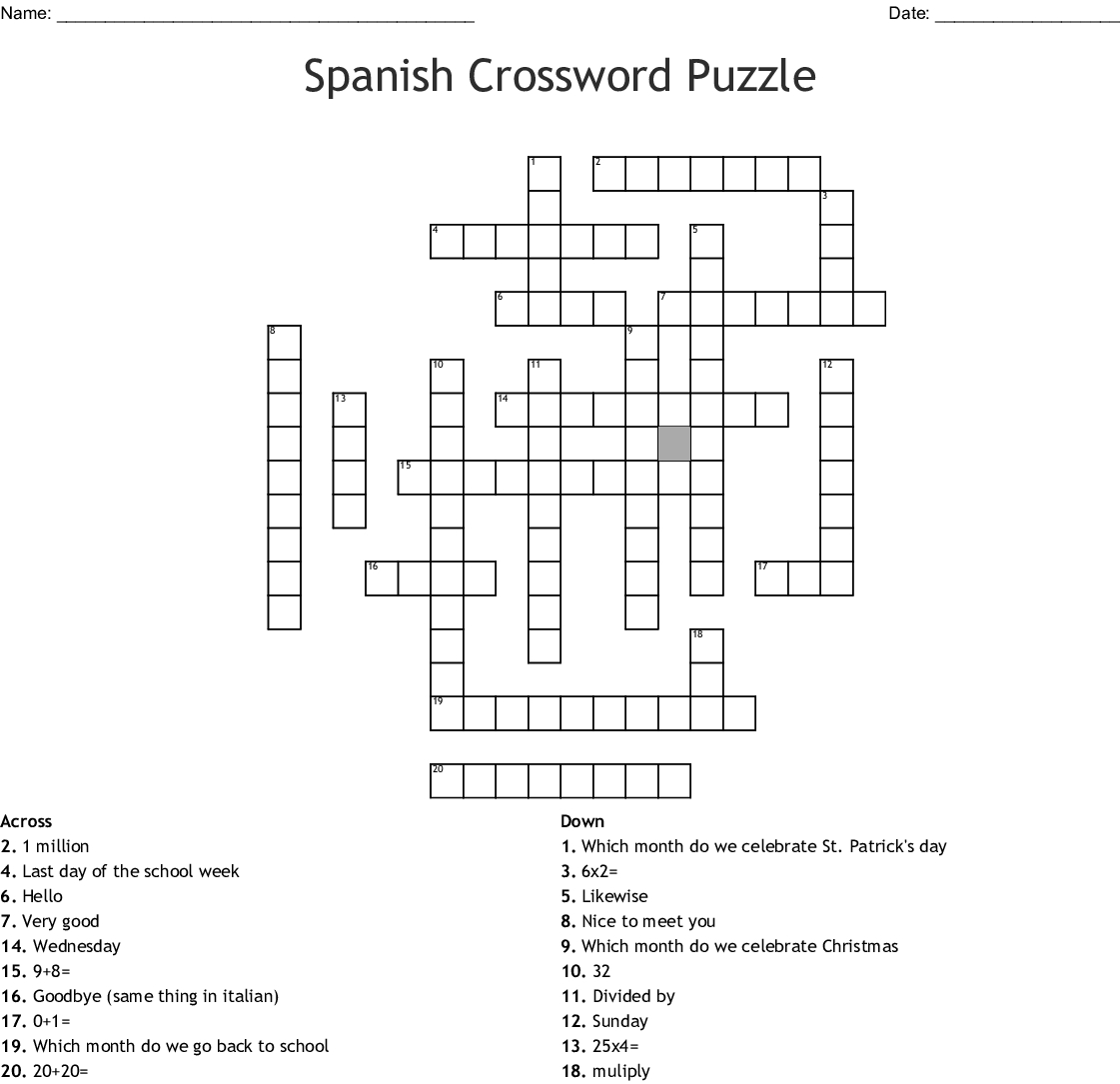 Printable Spanish Crossword Puzzle Answers Printable 