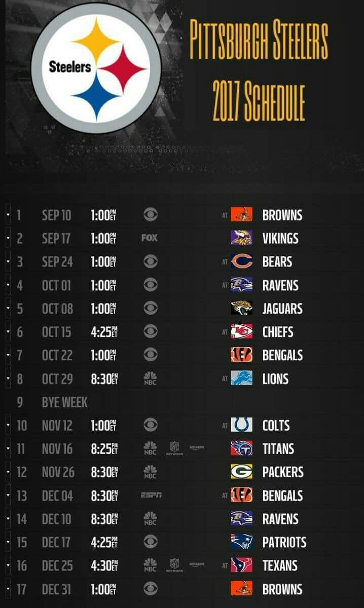 SCHEDULE OF OUR STEELERS INCLUDING THE CHANNEL THEY WILL