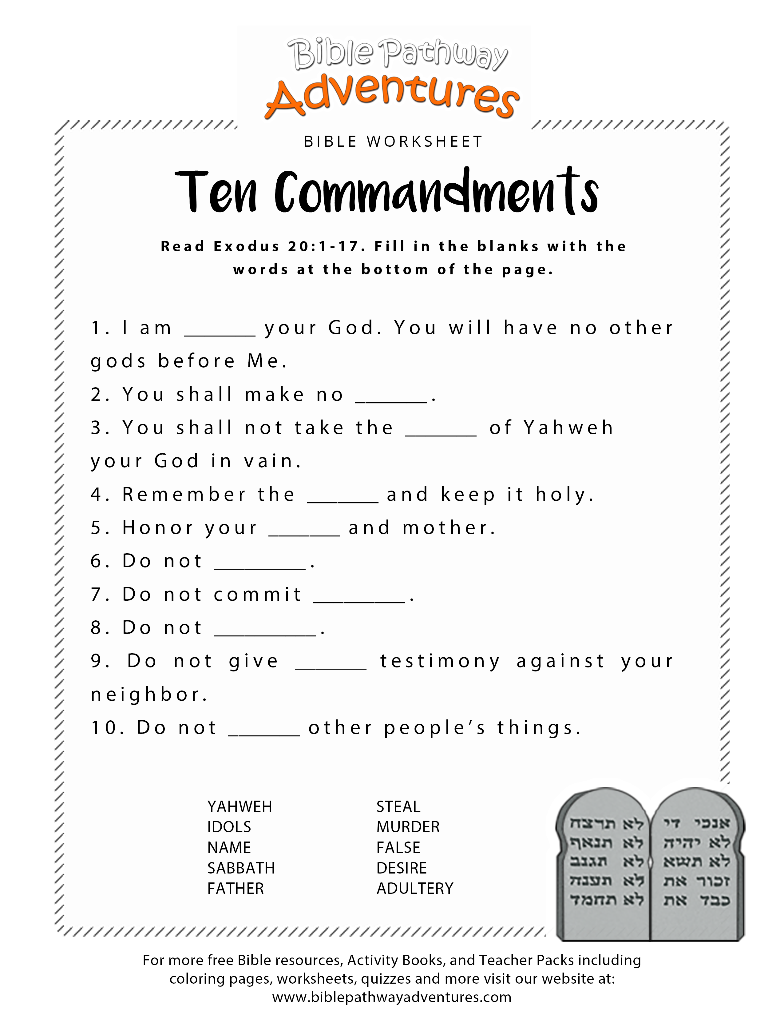 Ten Commandments Worksheet Printable Bible Activities