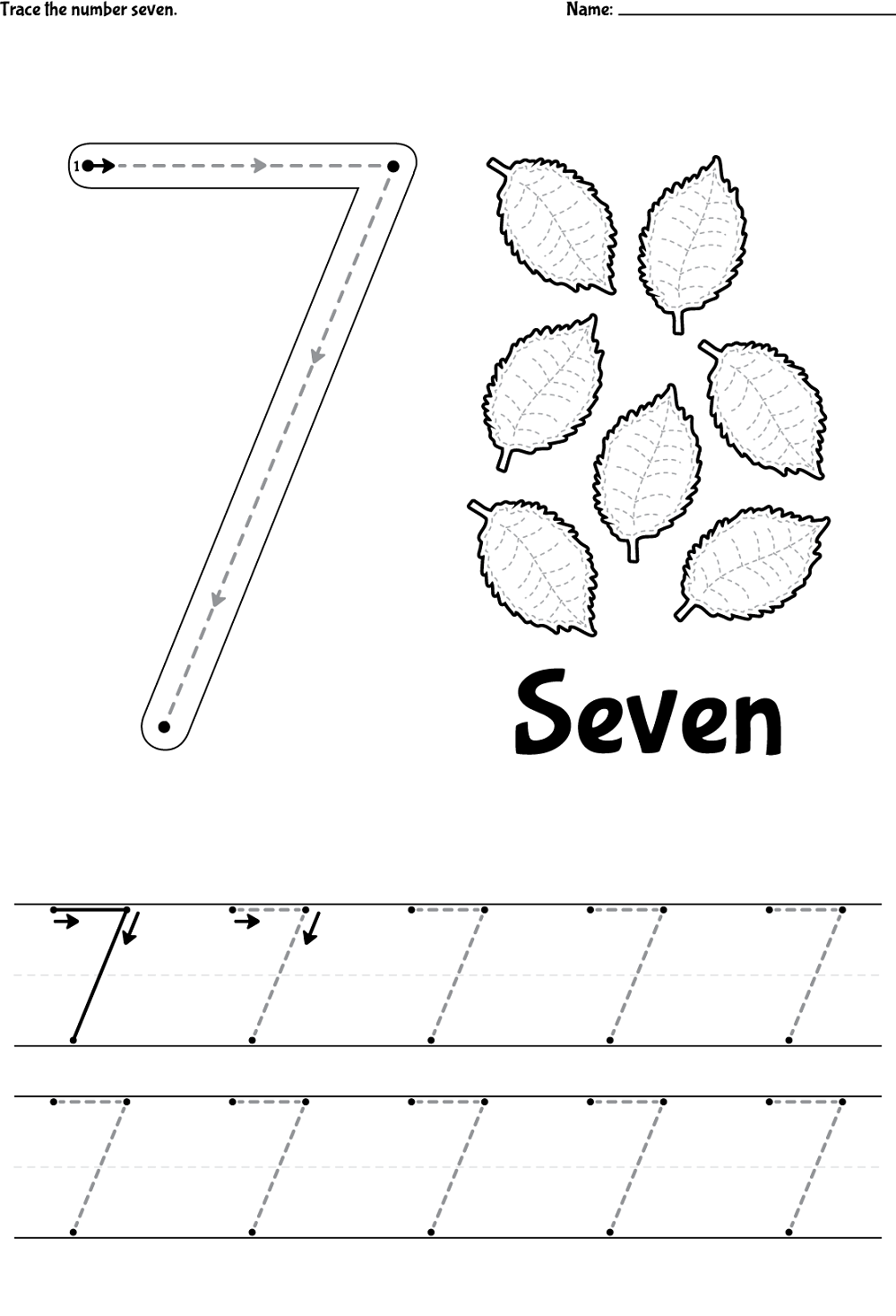 Tracing Number 7 Worksheets