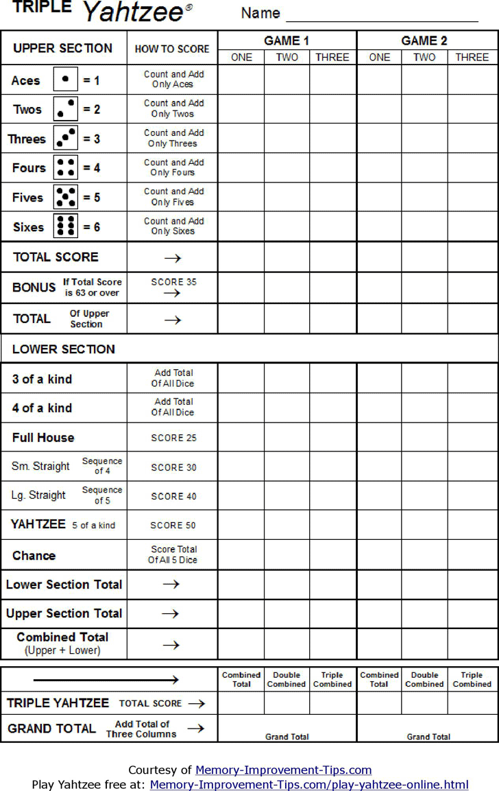 Triple Yahtzee Scoresheet Wedding Games For Kids 