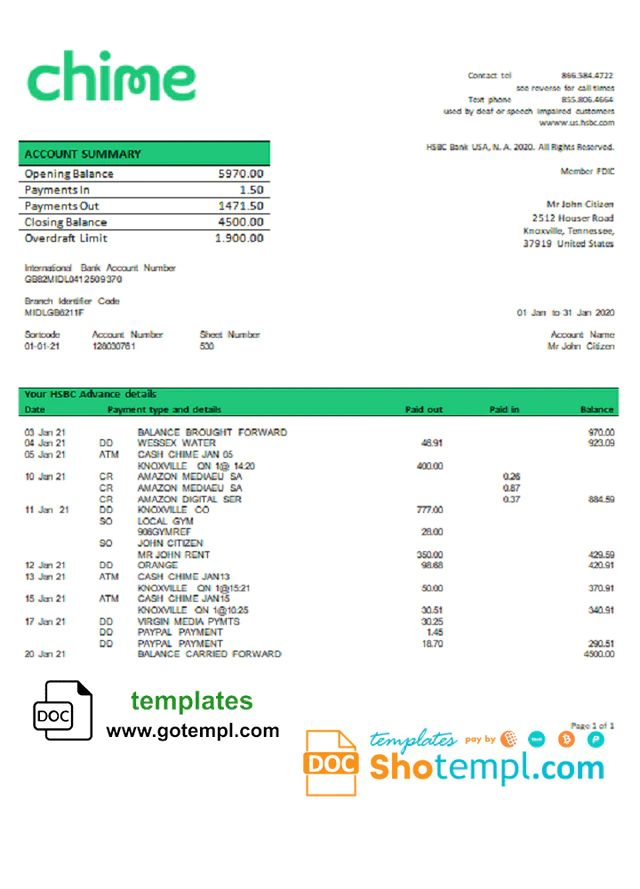 USA San Francisco CHIME Bank Statement Template In Word 