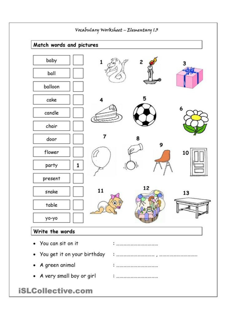 Vocabulary Matching Worksheet Elementary 1 3 