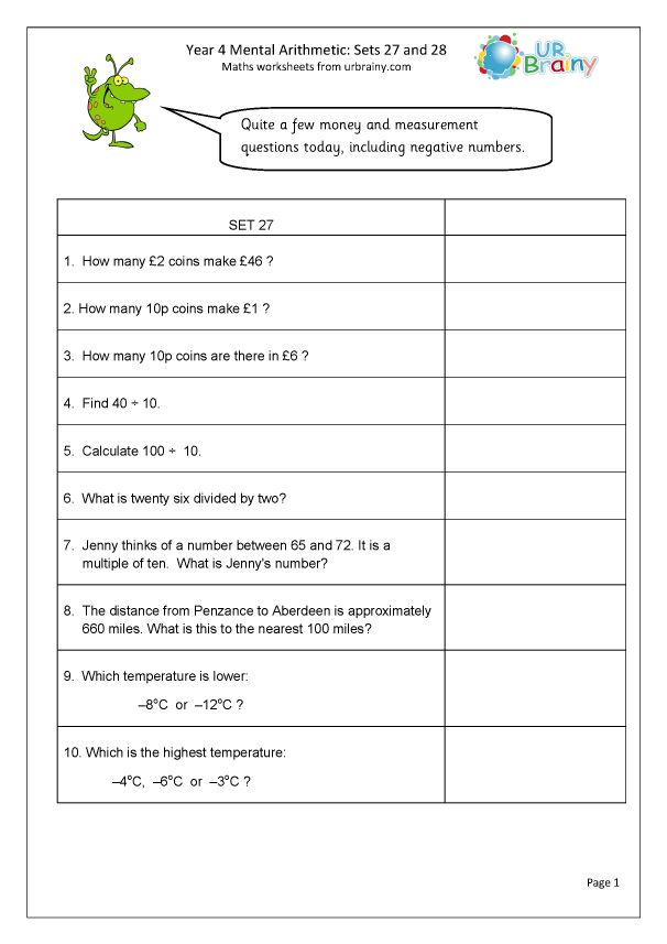 Year 4 Mental Arithmetic Sets 27 And 28 Year 4 Mental 