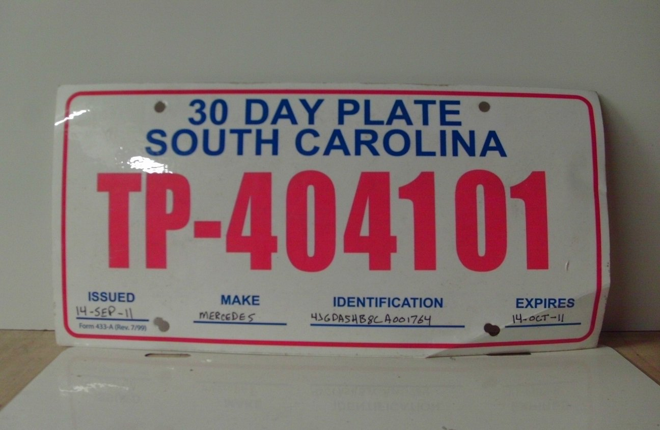 2011 South Carolina SC Temporary License Plate Tag TP 404101