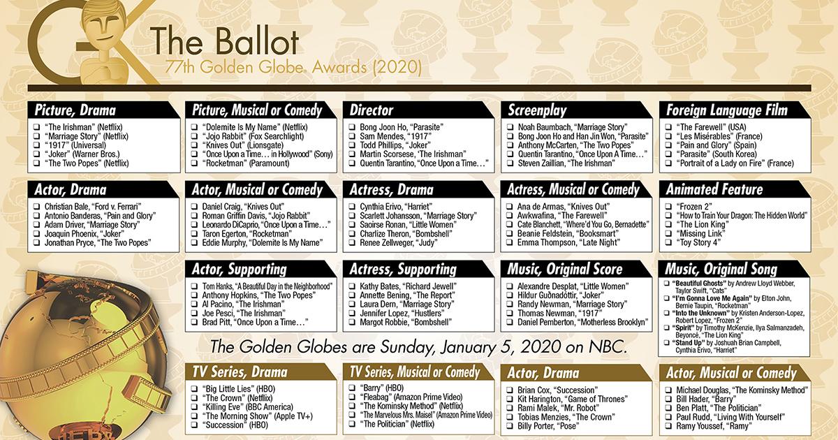 2020 Golden Globe Awards Printable Ballot The Gold 