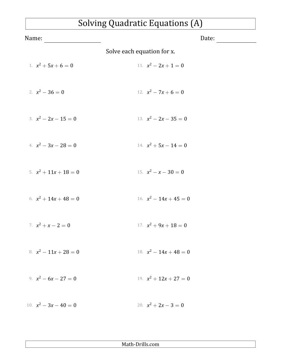 Algebra 2 Solving Quadratic Equations By Factoring 