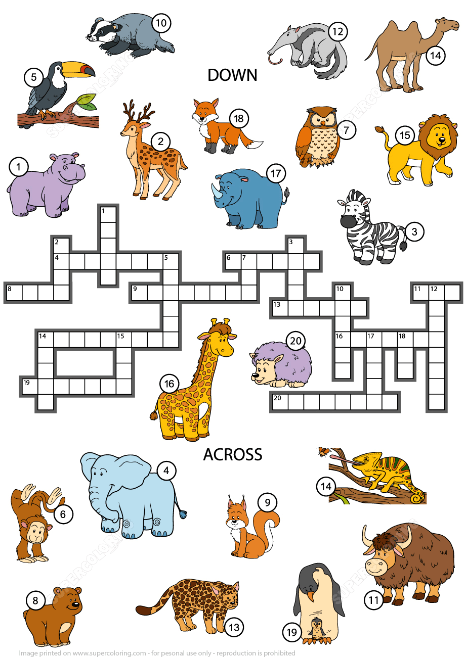 Animals Crossword Puzzle For Studying English Vocabulary 