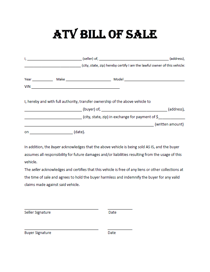 Free Printable Bill Of Sale For Atv | FreePrintableTM.com