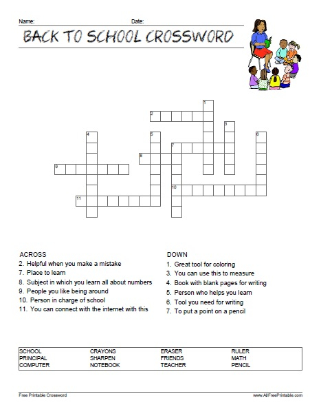 Back To School Crossword Puzzle AllFreePrintable